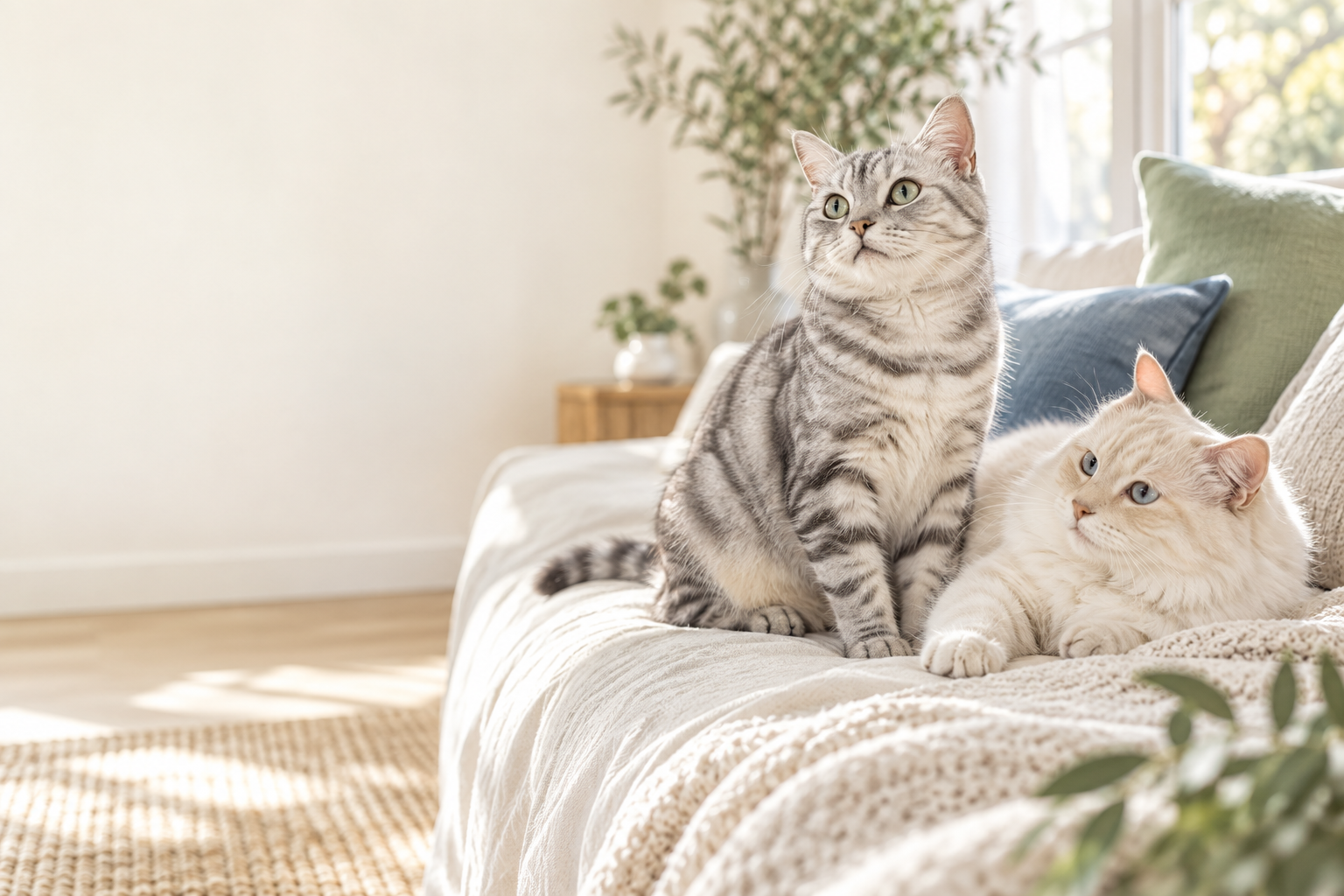 Two cats relaxing in a bright home with sage and blue cushions