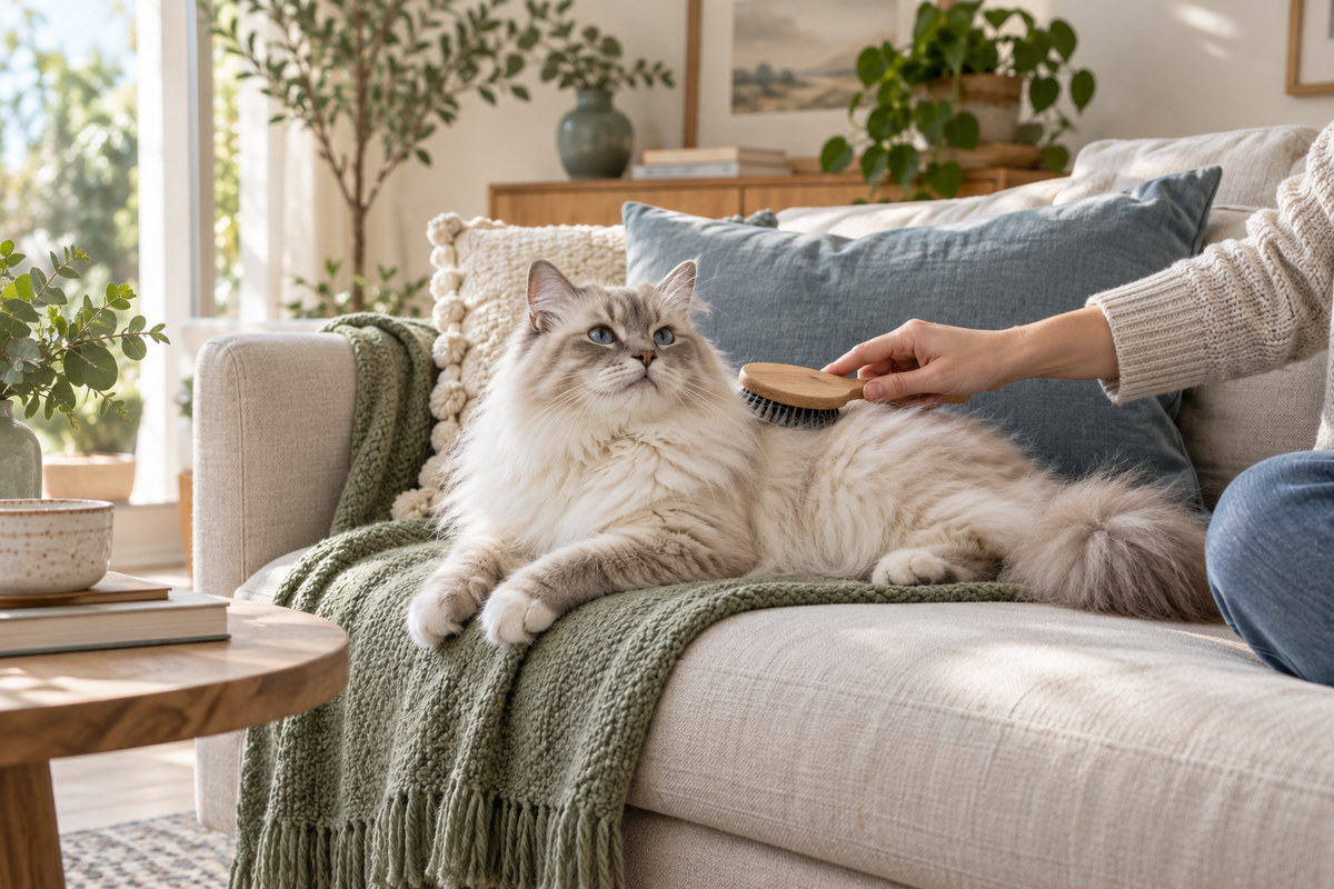 Relaxed cat enjoying gentle grooming on a linen sofa