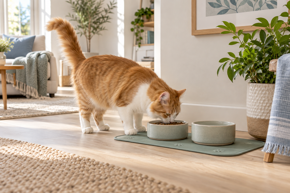 Ginger cat at a cozy feeding corner