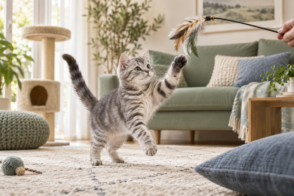 Tabby cat playing with a feather wand in a sunny home