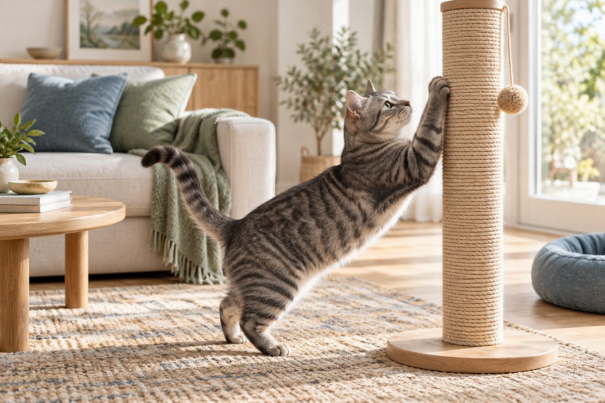 Tabby cat stretching at a sisal scratching post